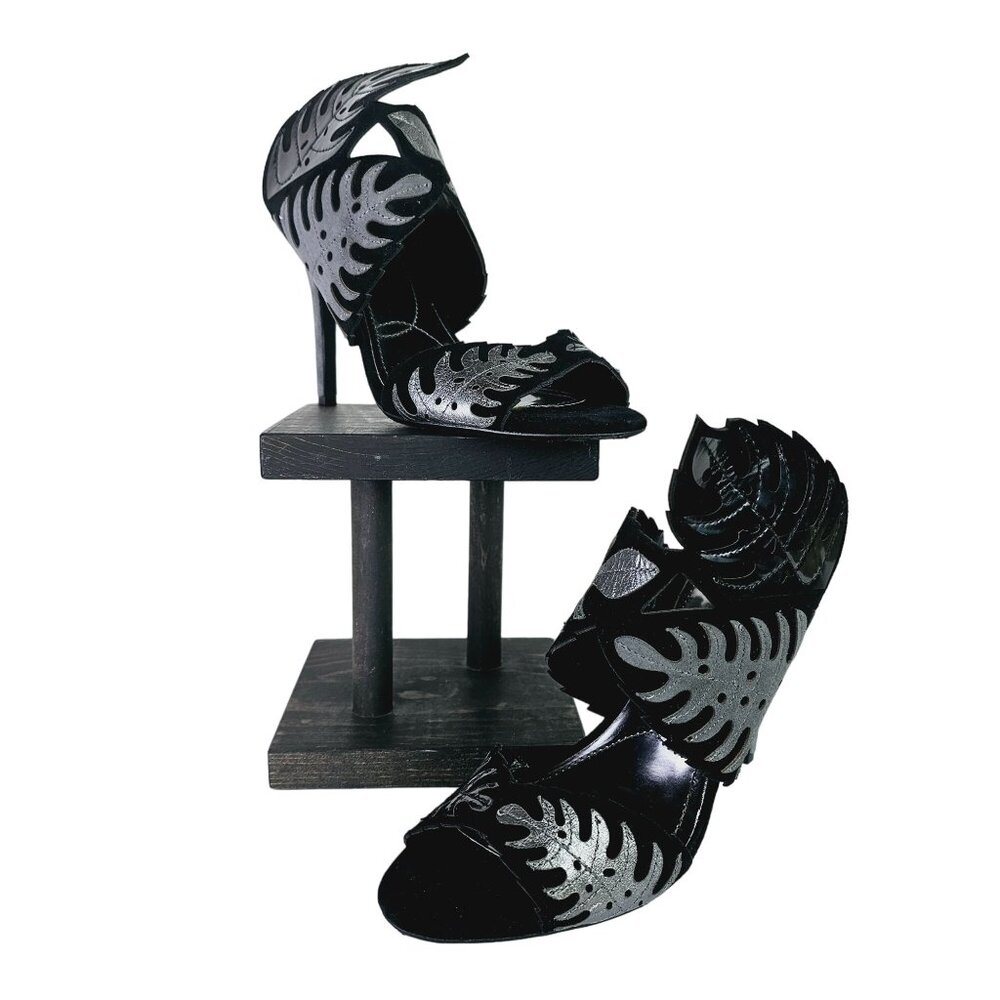 J. Renee Anhelina Women's Black Silver Open Toe Stiletto High End Grecian Design